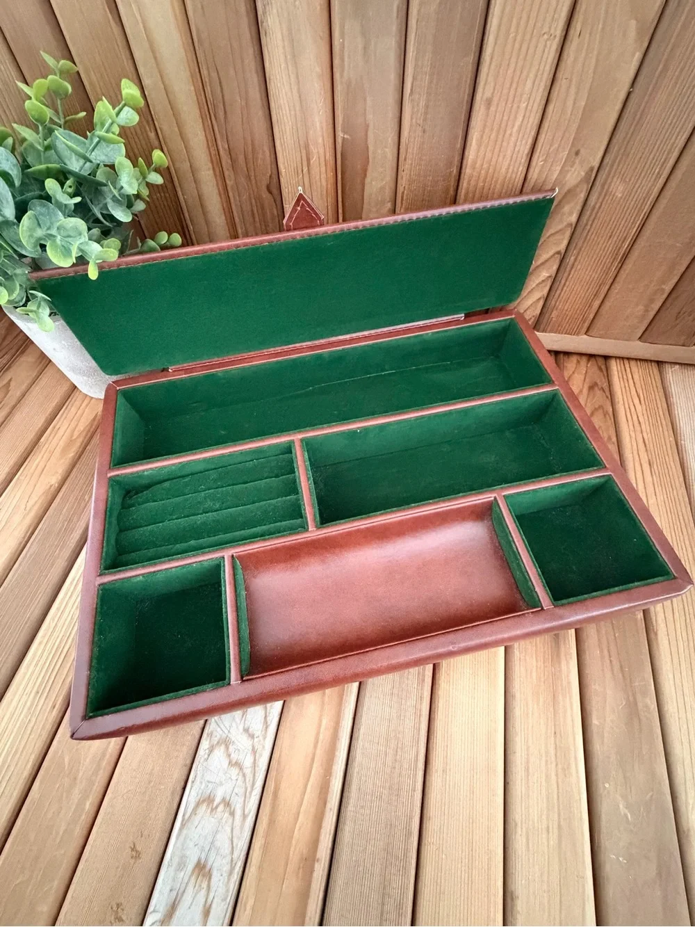 Vintage Faux Leather Valet Tray Jewelry Organizer Brown Green Flocked Interior
